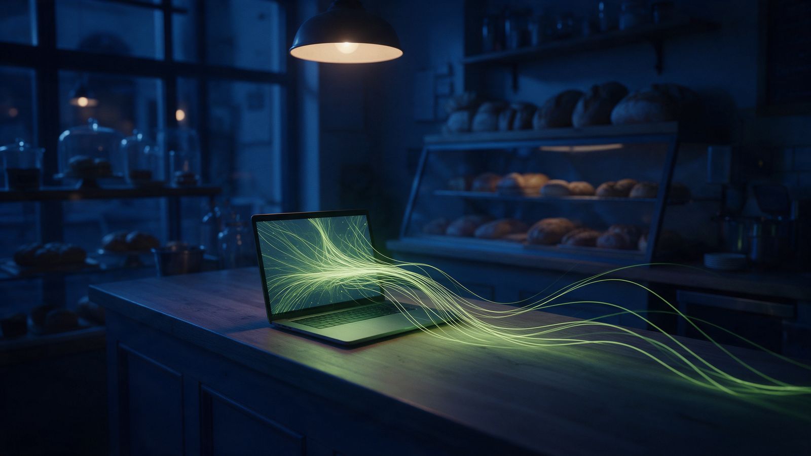 A laptop on a bakery counter after closing, with threads of light flowing from the screen like an automated workflow