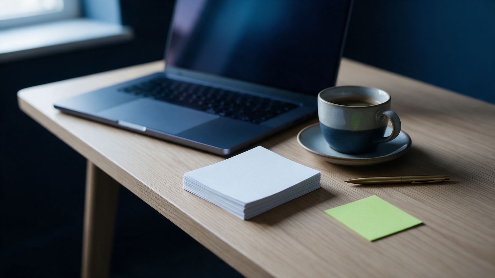 A laptop, coffee cup and blank notes on a calm oak desk, ready for planning a website budget