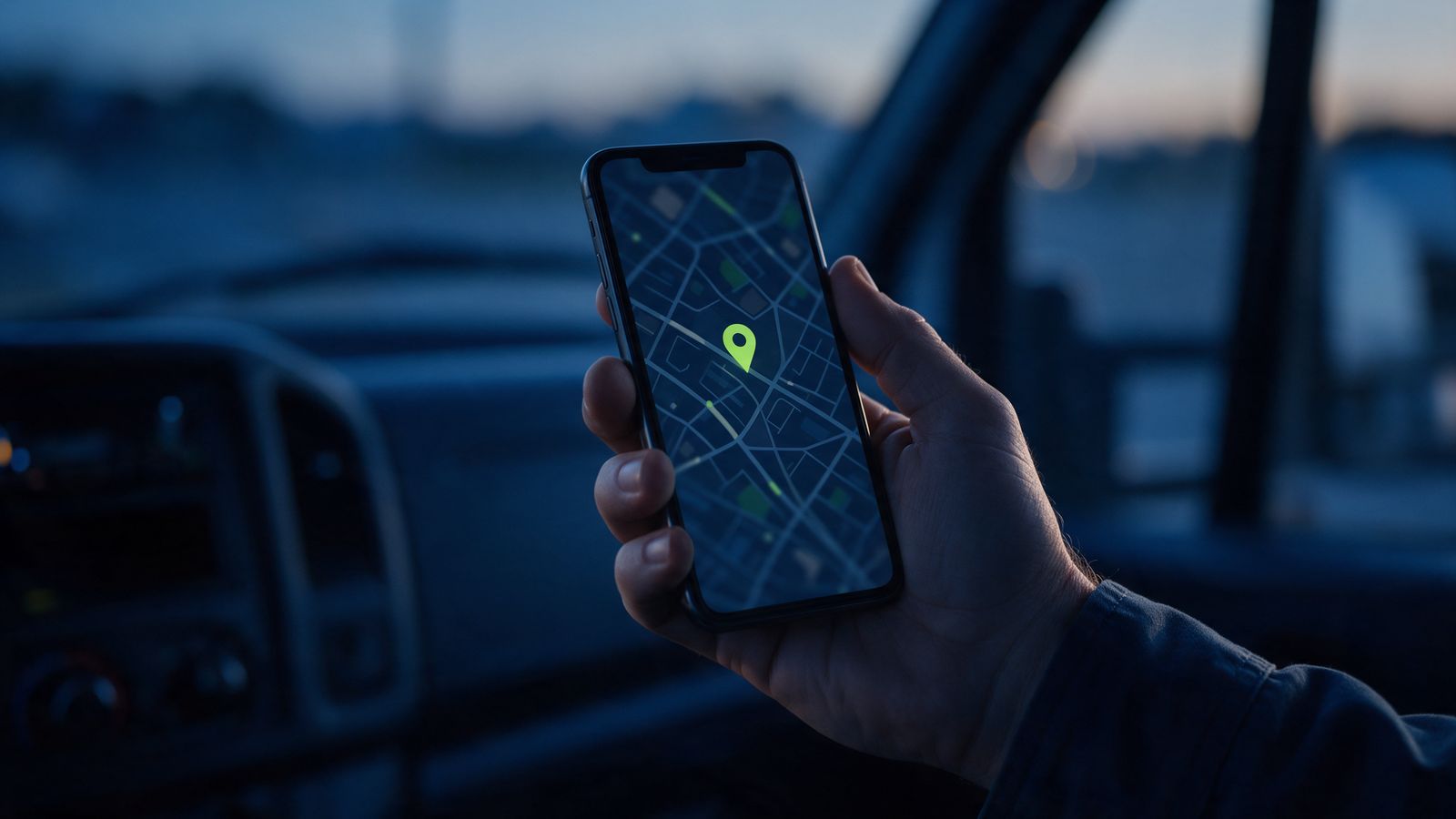 A tradesperson in a work truck at dusk holding a phone that shows a map with a single location pin