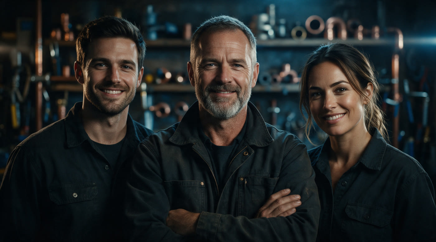 The IronFlow team in their workshop: Marcus Hale (centre) with two licensed technicians