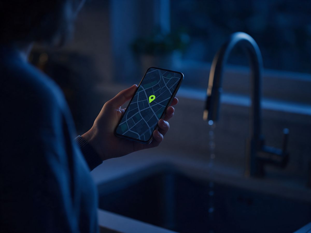 Over the shoulder, a homeowner at a dripping kitchen tap searches a map on their phone