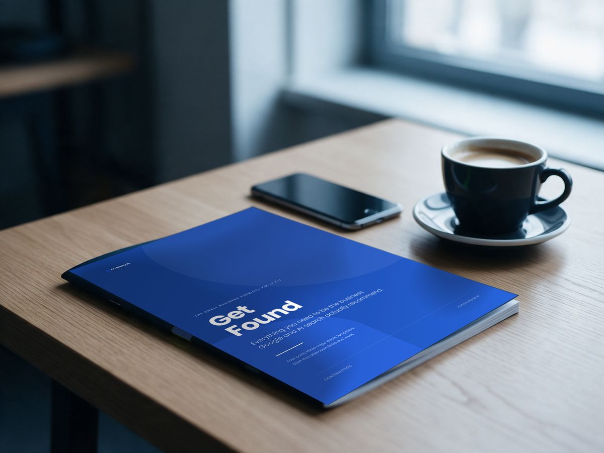 The Get Found Kit printed booklet on a desk beside a phone and a coffee