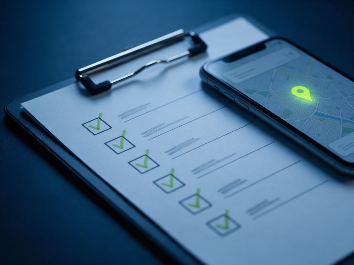 A ticked checklist on a clipboard beside a phone showing a map pin